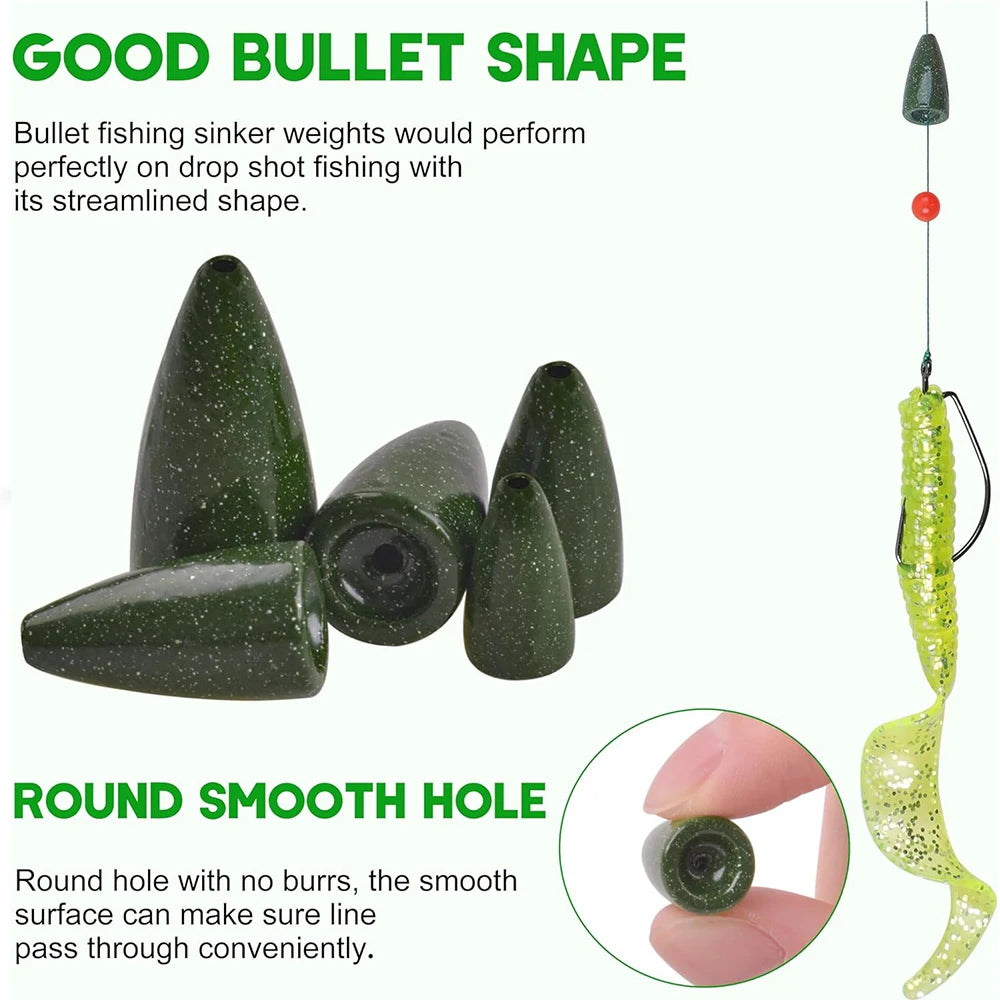 40Pcs Bullet Fishing Sinker Weights Kit Worm Weights Slip Sinker for Bass Fishing Texas Rigs Saltwater Freshwater Fishing Tackle