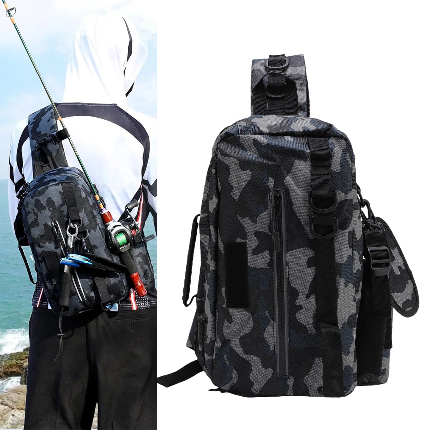 Fishing Sling Bag with Rod Holder Nylon Rainproof Lightweight Fishing Tackle Storage Backpack for Outdoor Fishing Gears