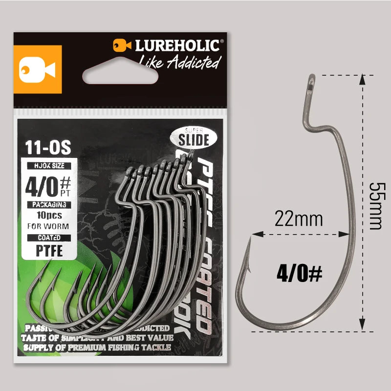 PTFE Super Slide Offset Hook Worm Hook Texas Rig Drop Shot Stainless Steel Worm Fishhook Fishing Accessories