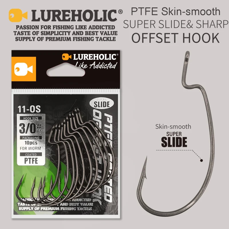 PTFE Super Slide Offset Hook Worm Hook Texas Rig Drop Shot Stainless Steel Worm Fishhook Fishing Accessories