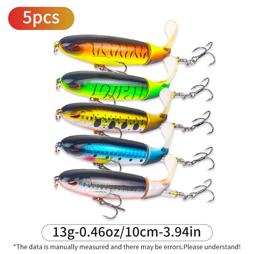 5Pcs 1Set 13G 10Cm Top Water Pencil Fishing Lure Hard Bait with Floating Rotating Tail for Bass Trout Freshwater Saltwater