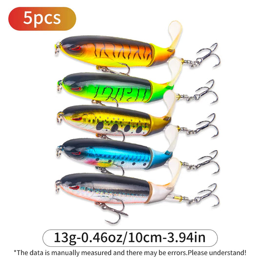 5Pcs 1Set 13G 10Cm Top Water Pencil Fishing Lure Hard Bait with Floating Rotating Tail for Bass Trout Freshwater Saltwater