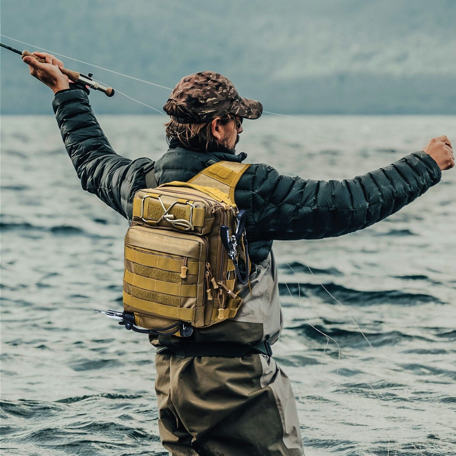 Compact Fishing Tackle Bag, Fishing Bag with Tackle Box and Rod Holder Outdoor